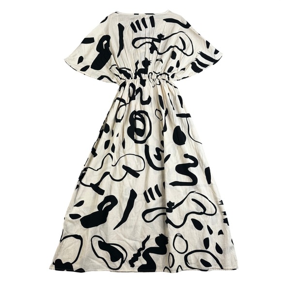 World Market Cotton Linen Abstract Graphic Maxi Kaftan Dress White Black S/M NWT - Picture 2 of 9